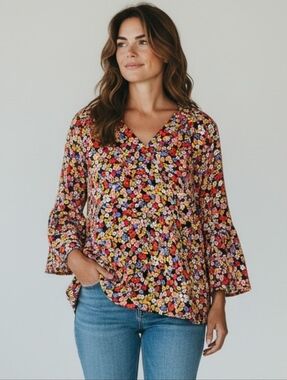 Ilanco Women's Floral Blouse Multicolor Wrap V Neck Size L Bell Sleeve‎ Boho Top